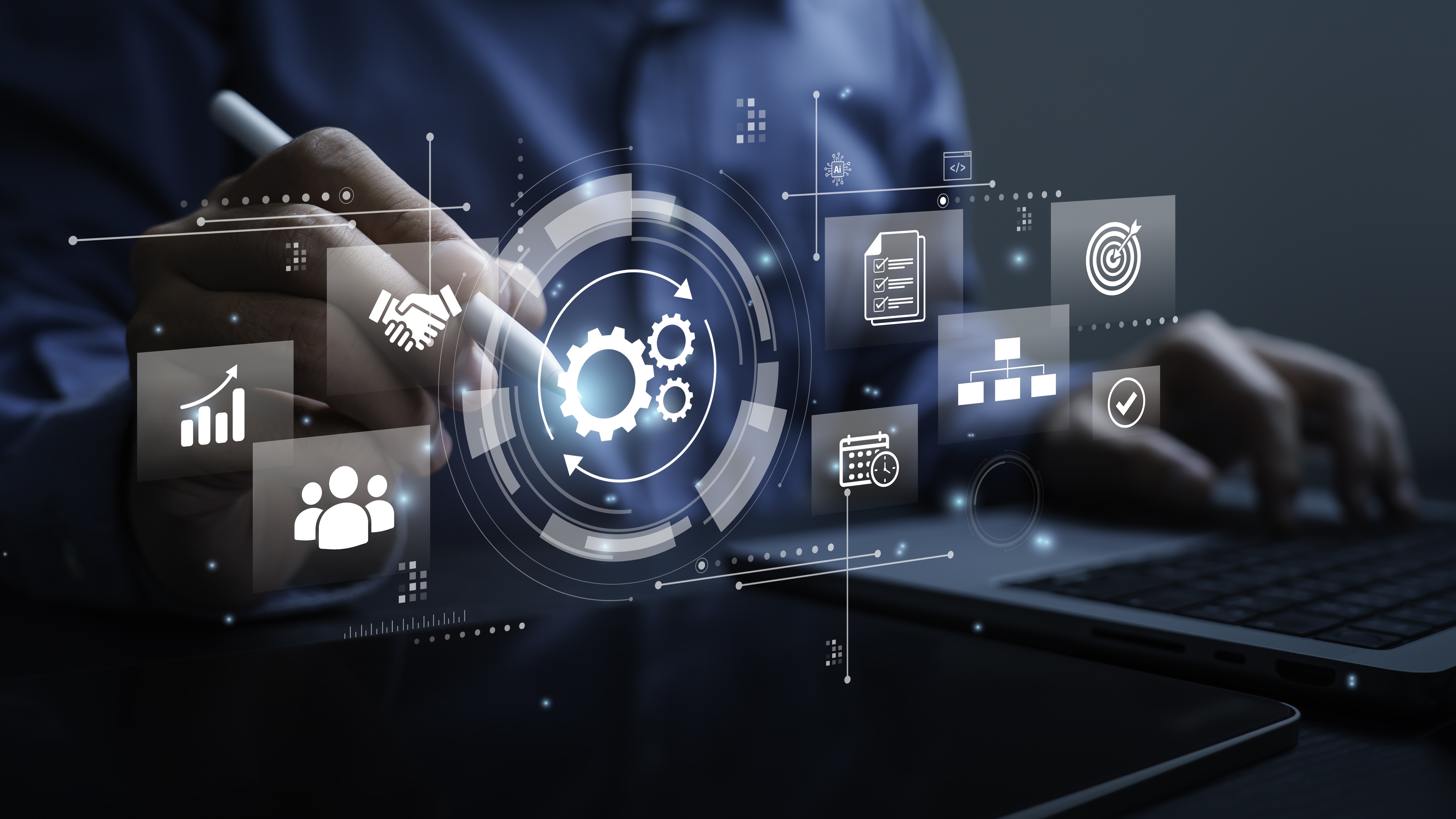 Businessman,Developing,Digital,Automation,System,And,Ai,Workflow,Optimization,,Concept